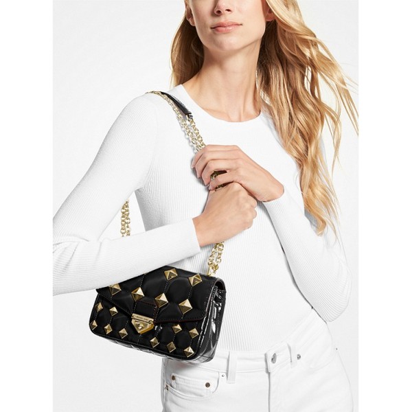 SoHo Small Studded Quilted Patent Leather Shoulder Bag