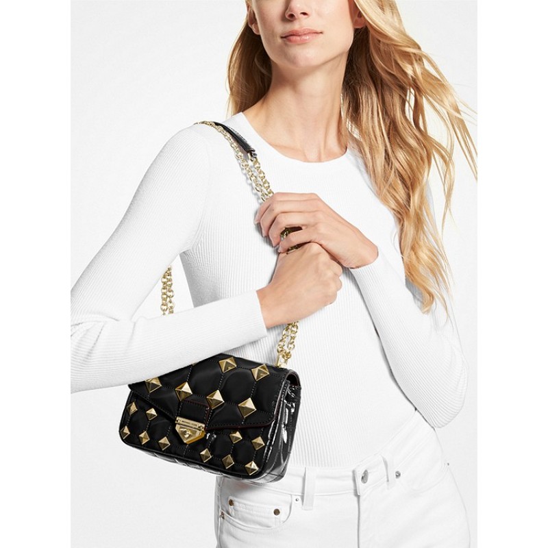 SoHo Small Studded Quilted Patent Leather Shoulder Bag