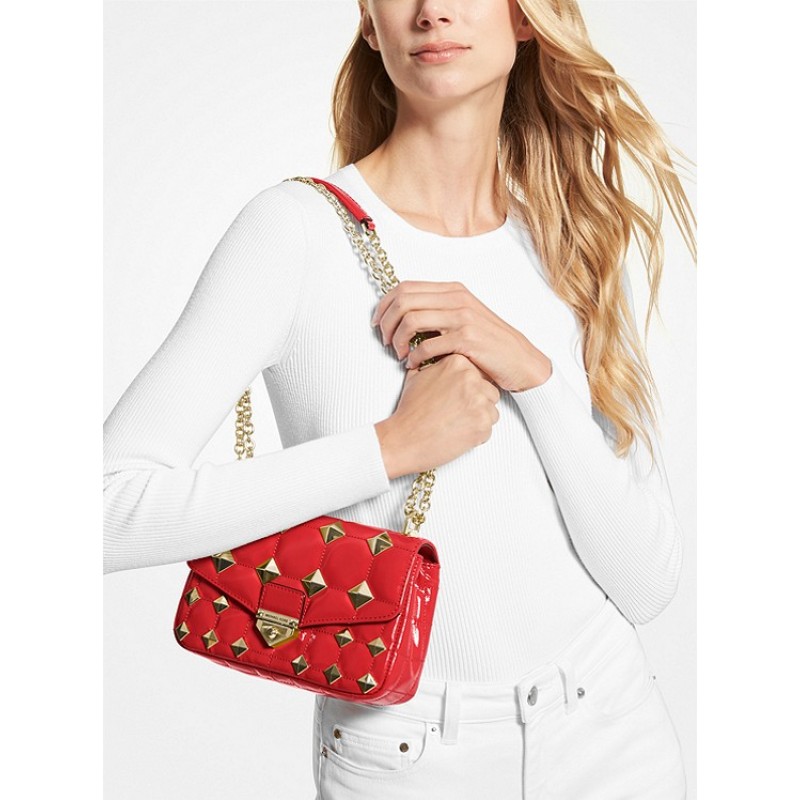 SoHo Small Studded Quilted Patent Leather Shoulder Bag