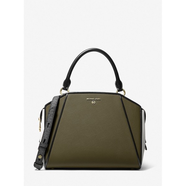 Cleo Medium Color-Block Saffiano Leather Satchel