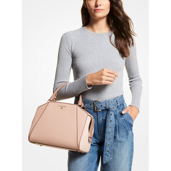 Cleo Medium Color-Block Saffiano Leather Satchel