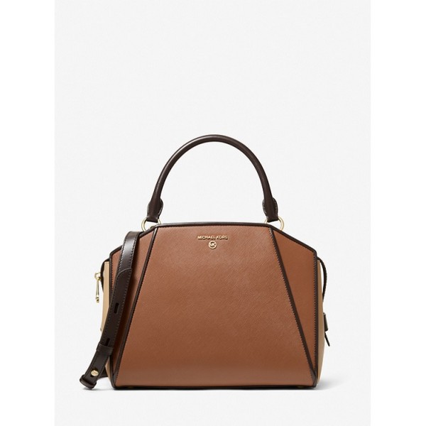 Cleo Medium Color-Block Saffiano Leather Satchel