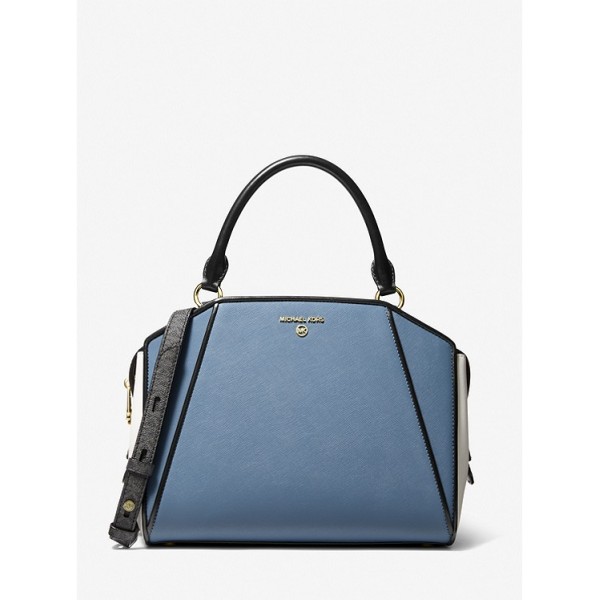 Cleo Medium Color-Block Saffiano Leather Satchel