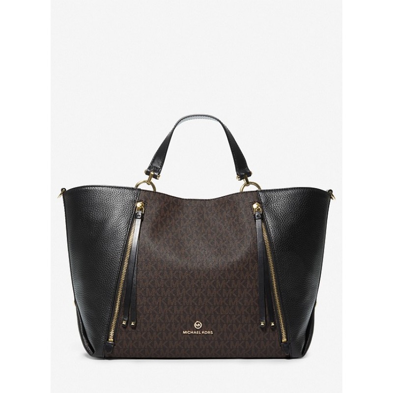 Brooklyn Large Logo and Pebbled Leather Tote Bag