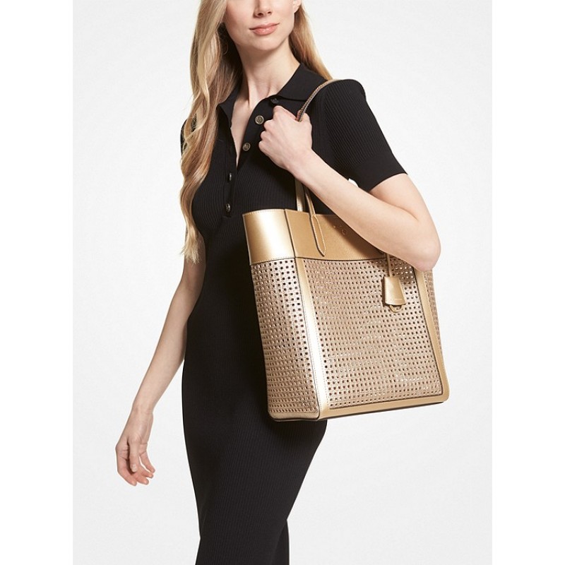 Sinclair Large Perforated Metallic Leather Tote Bag