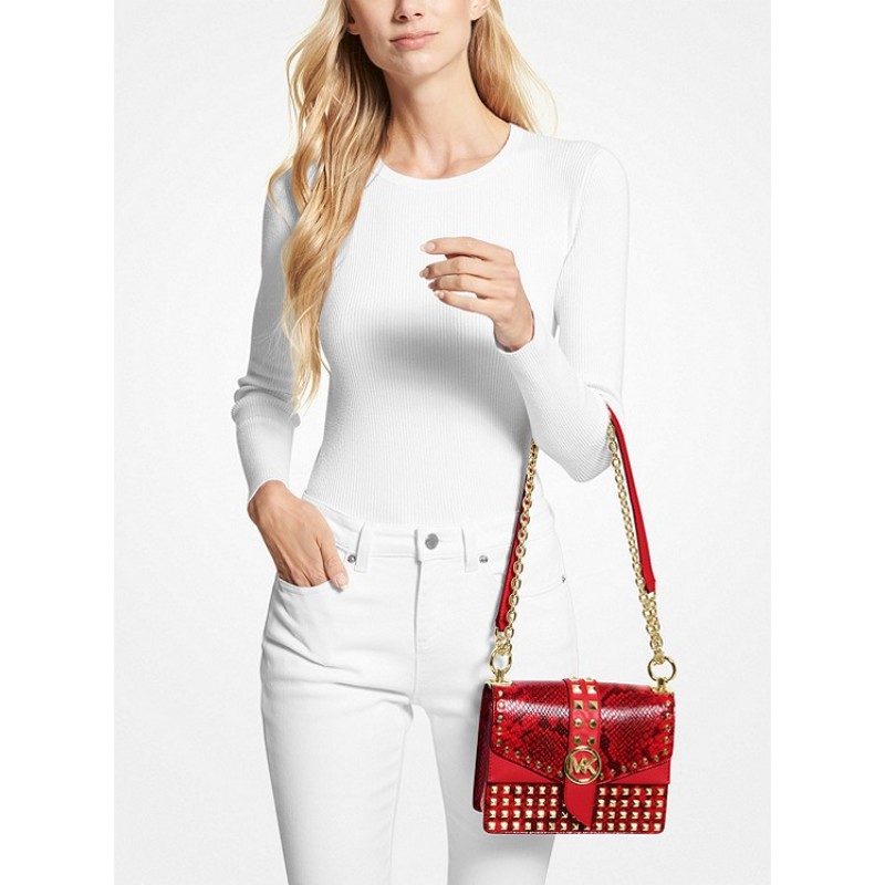 Greenwich Small Studded Snake Embossed Leather Crossbody Bag